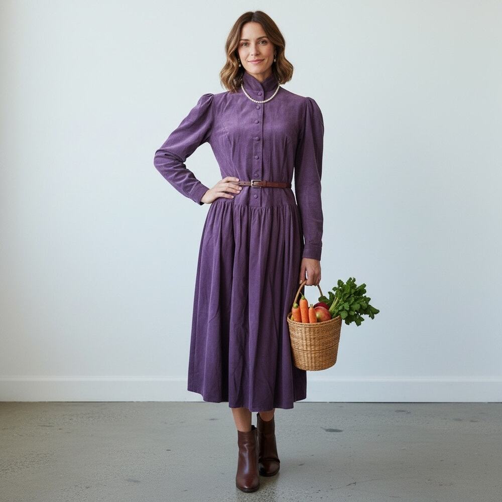Laura Ashley Vintage 80s Deep Purple Corduroy Button Front Midi Dress Size 12